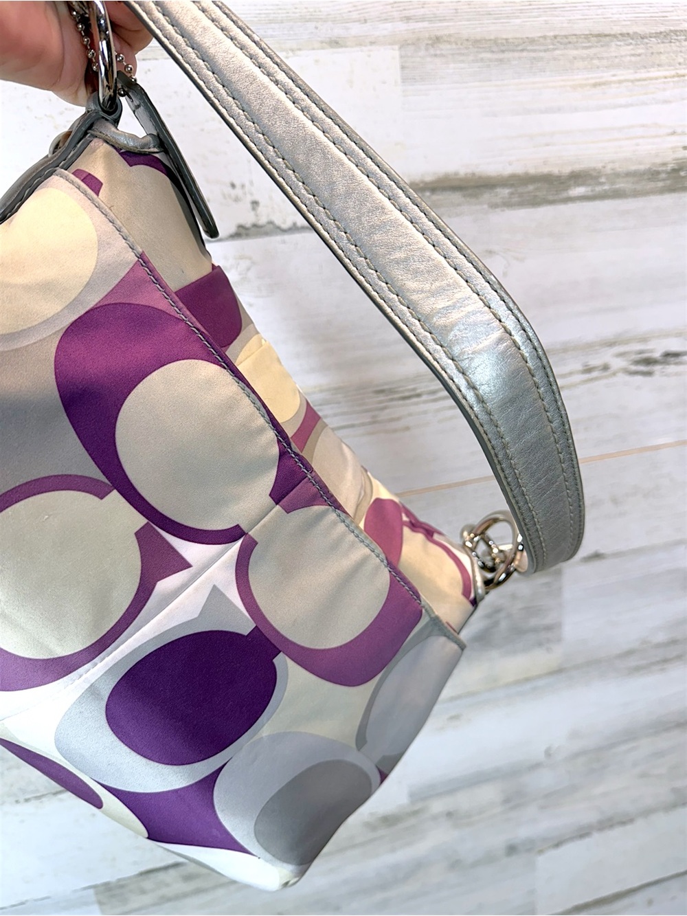 Coach Soho Purple Gray Op Art Satin Shoulder Bag Silver Buckle Hobo Purse - Picture 10 of 12